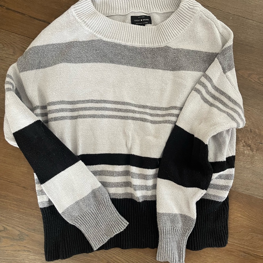 Lucky Brand Striped Crewneck Sweater in Cream, Gray & Black